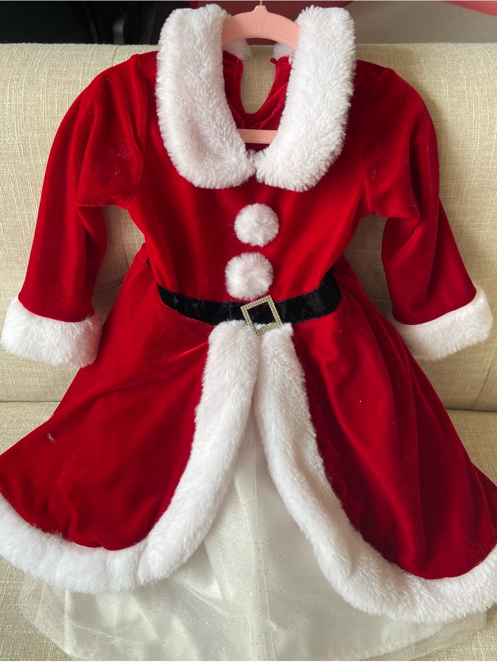 Comfy/Elegant Red Girls’ Santa Dress with White Fur Trim